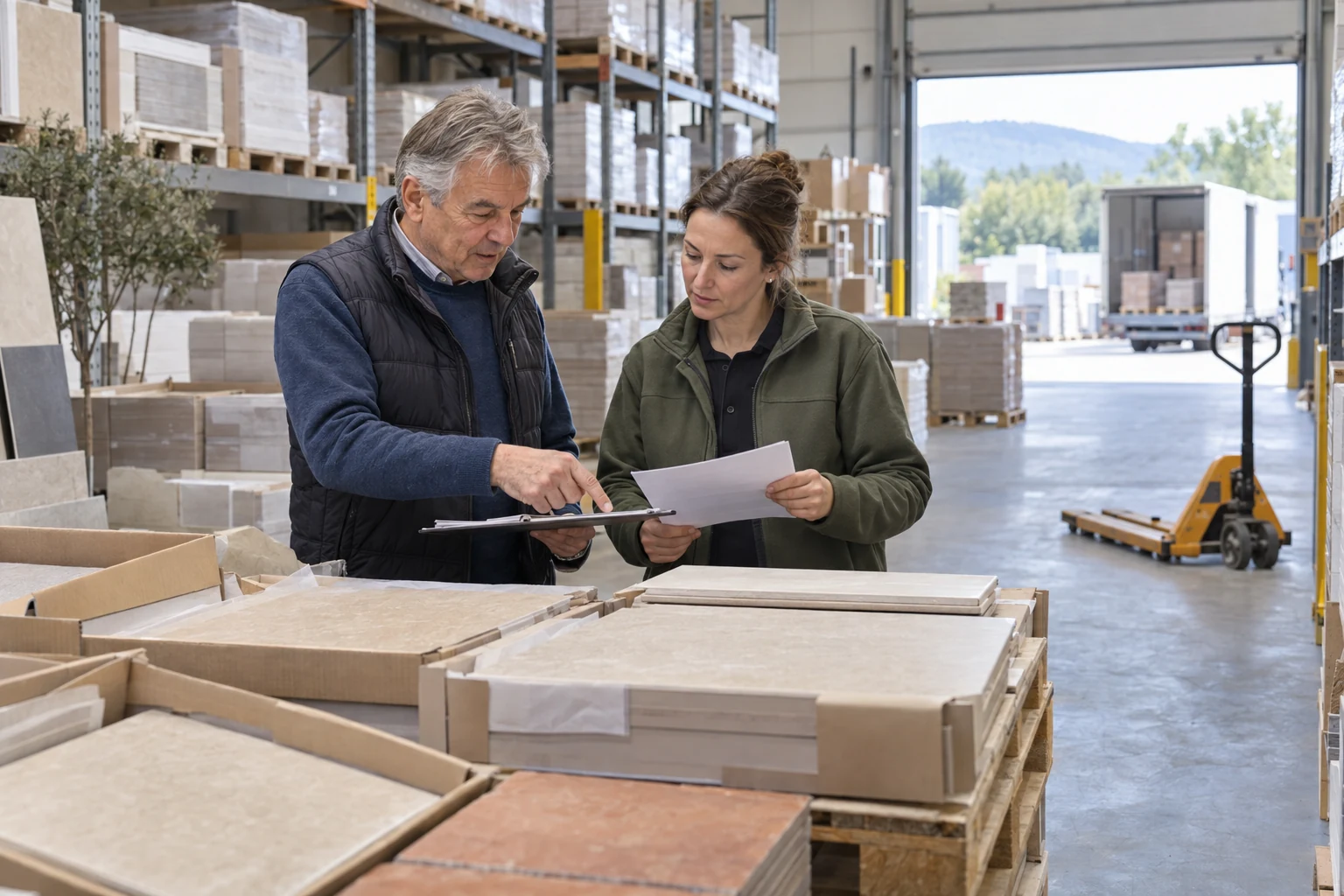 Eigentümer und Logistikleiterin besprechen Waren und Zustellung in einem Fliesenlager